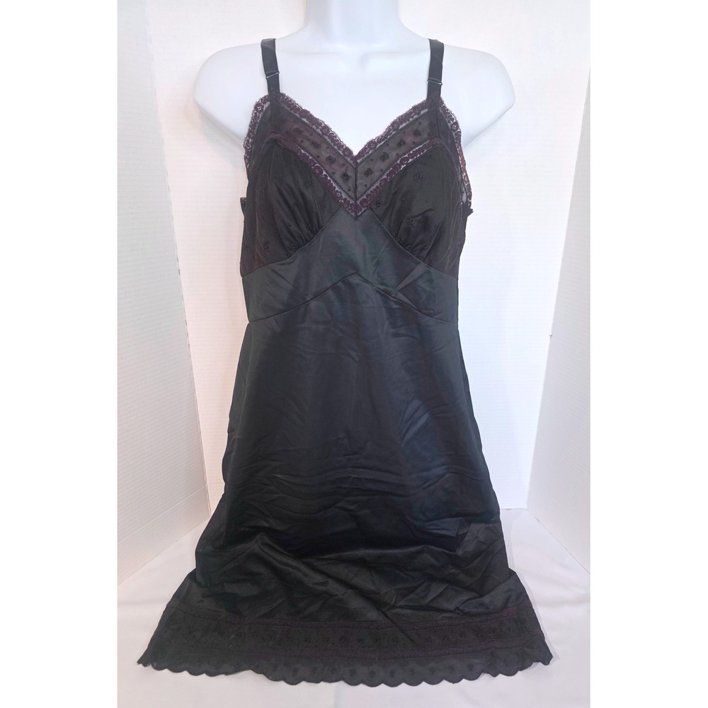 Vintage Charmode Sears Black Nylon Full Slip Lace Floral Embroidery 36 Average